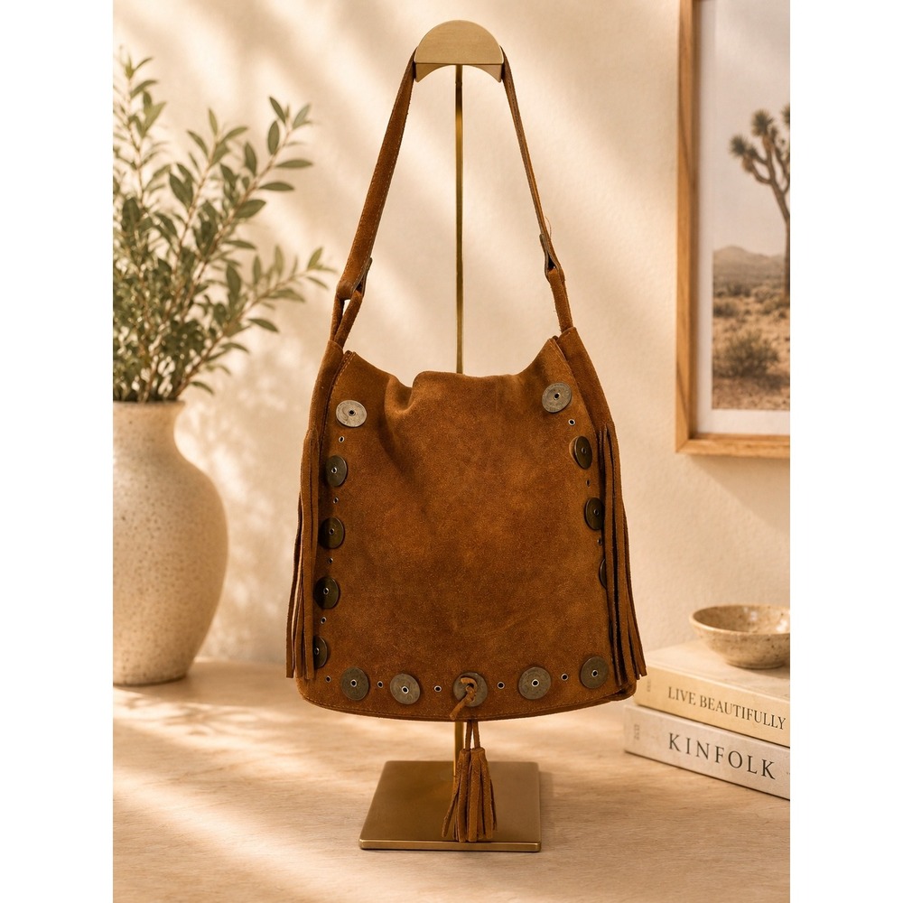 Artipel Brown Suede Fringe Shoulder Bag Coin Studded Boho Tassel Portugal